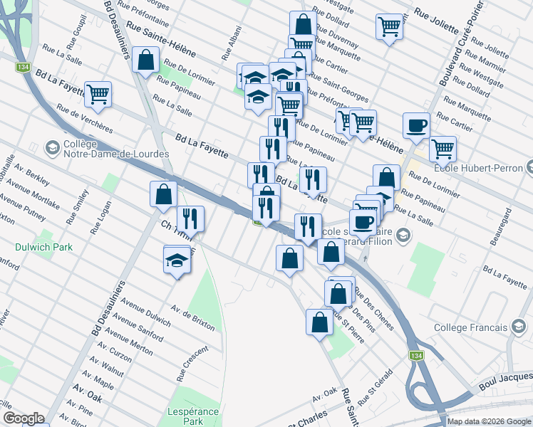 map of restaurants, bars, coffee shops, grocery stores, and more near 1515 Boulevard Taschereau in Longueuil