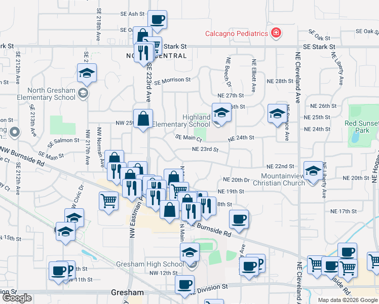map of restaurants, bars, coffee shops, grocery stores, and more near 65 Northeast 23rd Street in Gresham