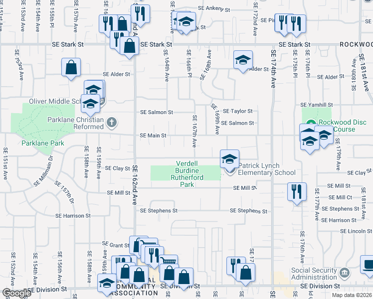 map of restaurants, bars, coffee shops, grocery stores, and more near 1347 Southeast 167th Avenue in Portland