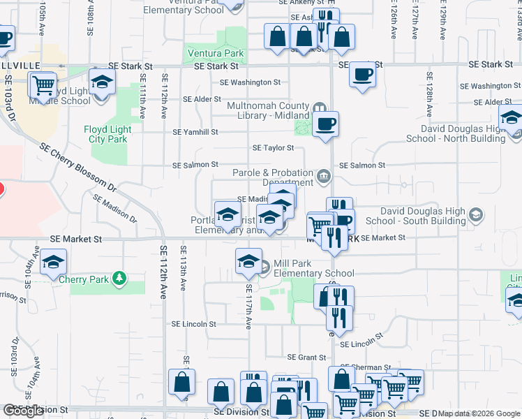 map of restaurants, bars, coffee shops, grocery stores, and more near 11710 Southeast Madison Street in Portland