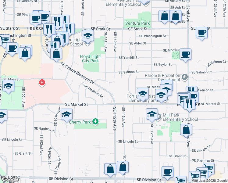 map of restaurants, bars, coffee shops, grocery stores, and more near 11125 Southeast Cherry Blossom Drive in Portland