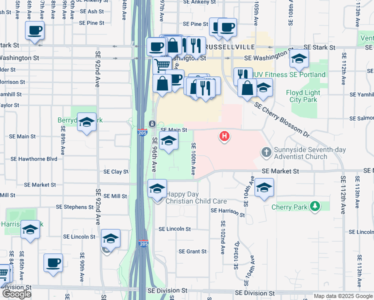 map of restaurants, bars, coffee shops, grocery stores, and more near 1301-1499 Southeast 100th Avenue in Portland