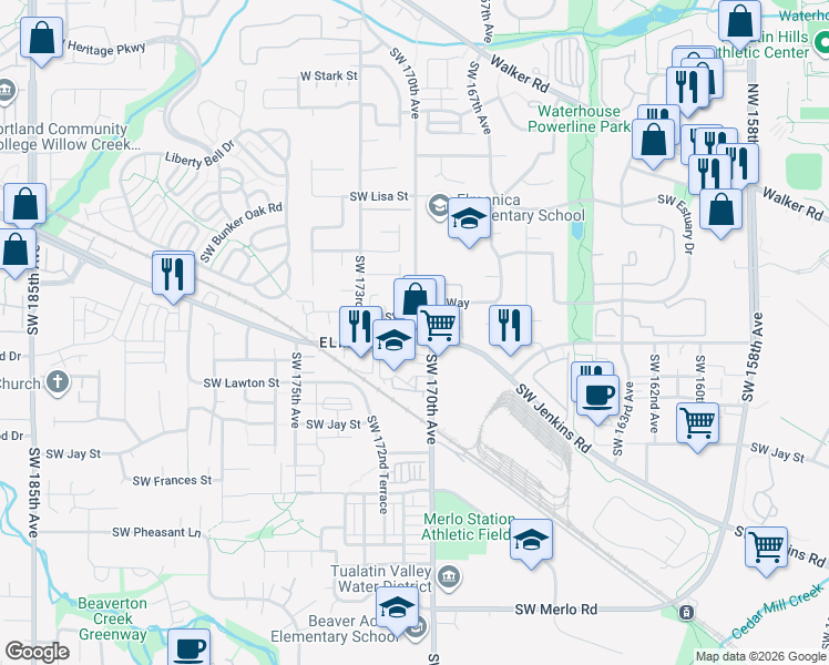 map of restaurants, bars, coffee shops, grocery stores, and more near 17112 Southwest Whitley Way in Beaverton