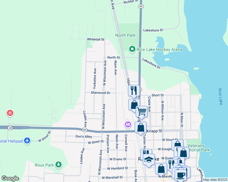 map of restaurants, bars, coffee shops, grocery stores, and more near 1010 Nunn Avenue in Rice Lake