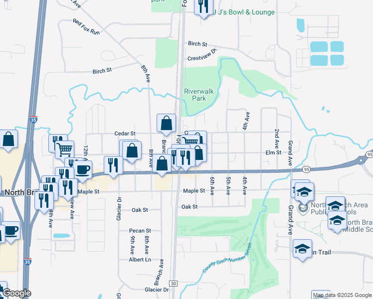 map of restaurants, bars, coffee shops, grocery stores, and more near in North Branch