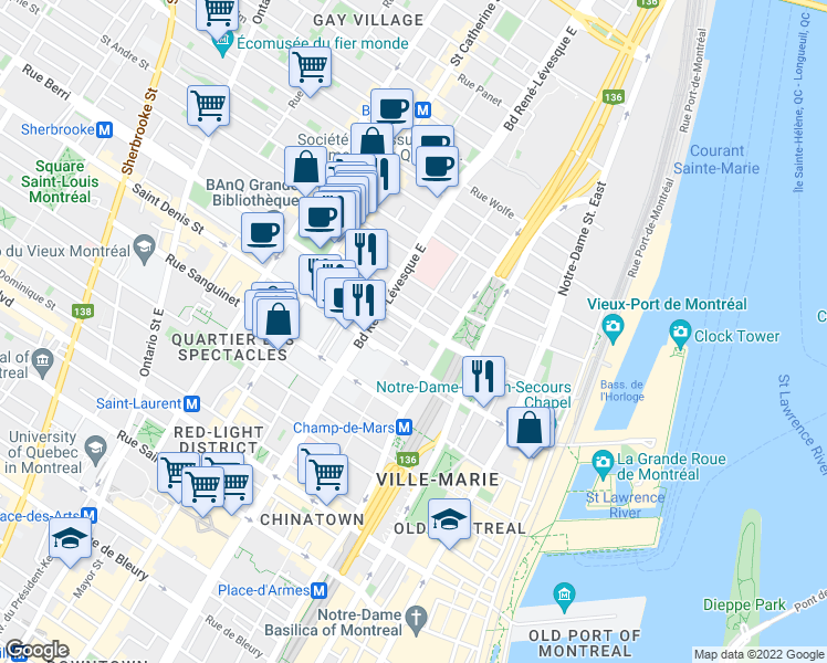 map of restaurants, bars, coffee shops, grocery stores, and more near 450 Rue de la Gauchetière Est in Montréal