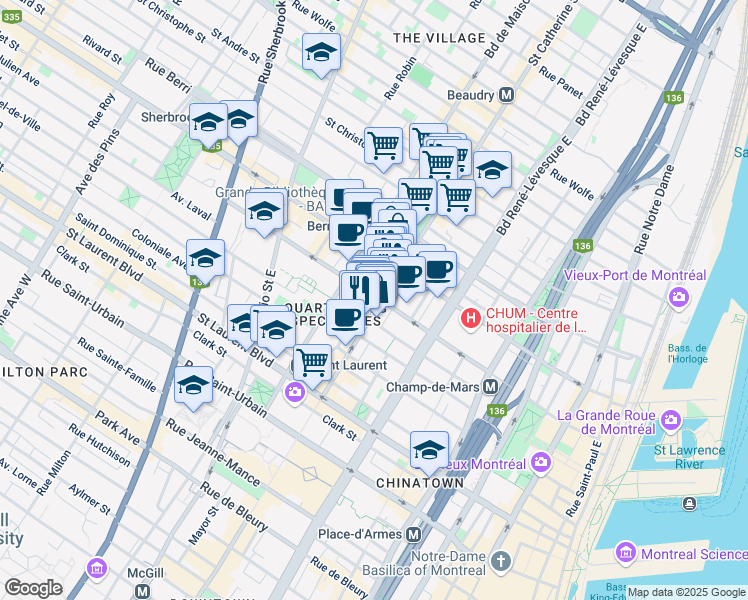 map of restaurants, bars, coffee shops, grocery stores, and more near 264 Rue Sainte-Catherine Est in Montréal