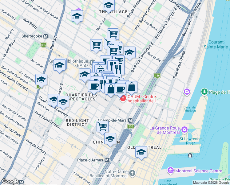 map of restaurants, bars, coffee shops, grocery stores, and more near 1150 Rue Saint-Denis in Montréal