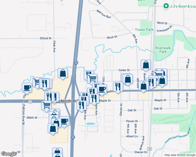 map of restaurants, bars, coffee shops, grocery stores, and more near 5900 Elm Street in North Branch