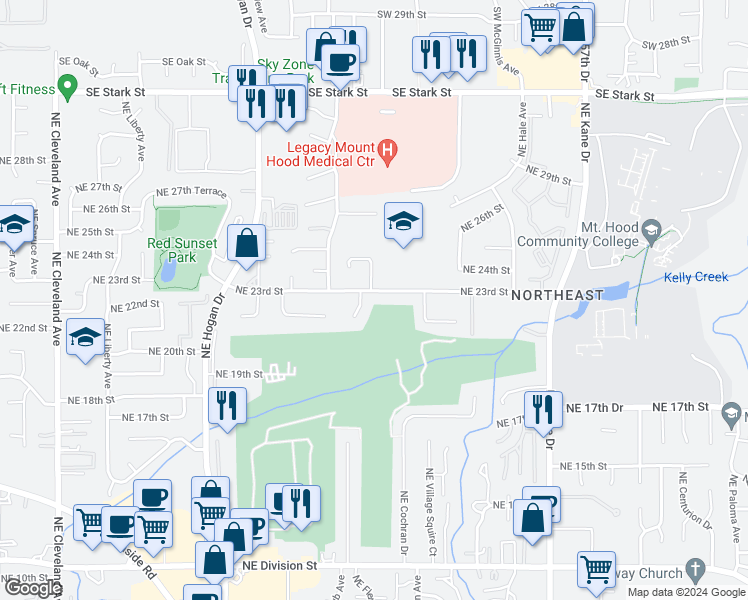 map of restaurants, bars, coffee shops, grocery stores, and more near 2440 Northeast 23rd Street in Gresham