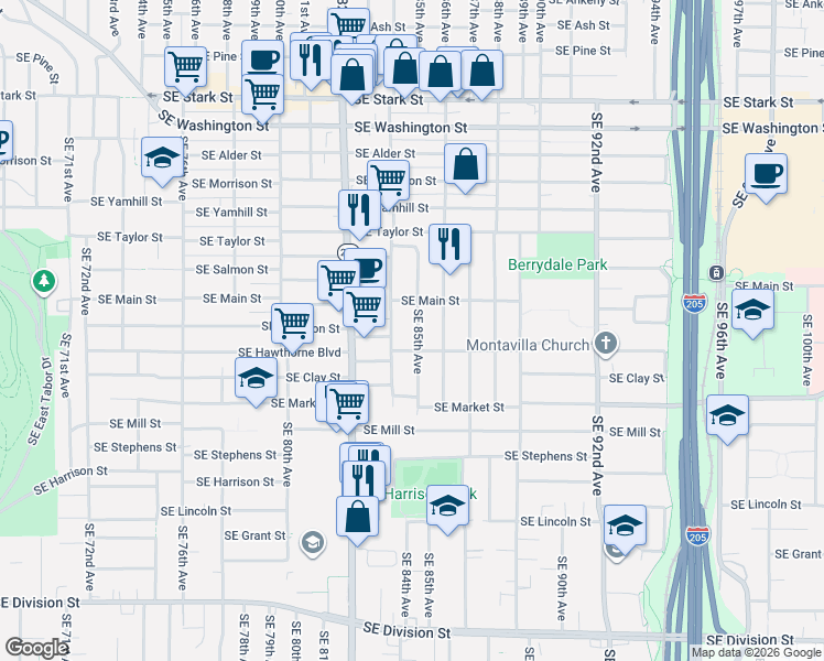 map of restaurants, bars, coffee shops, grocery stores, and more near 1405 Southeast 85th Avenue in Portland
