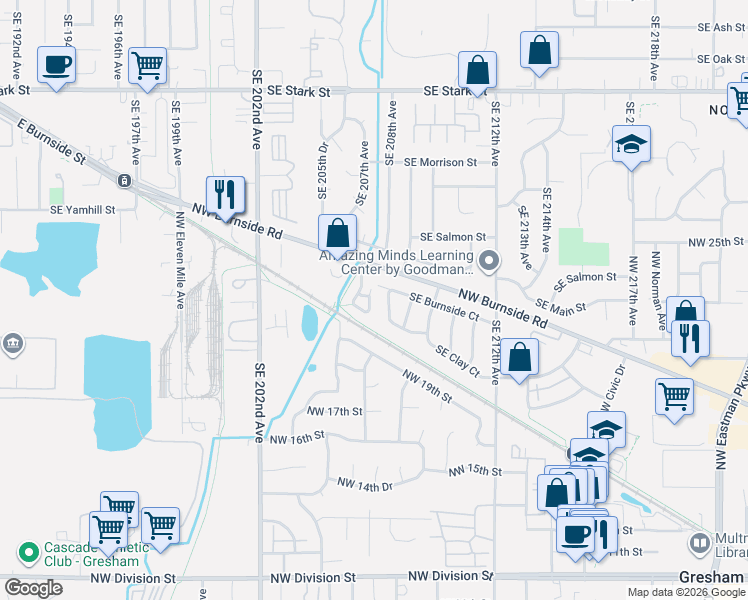 map of restaurants, bars, coffee shops, grocery stores, and more near 1333 Southeast 207th Avenue in Gresham