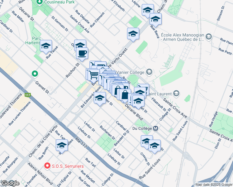 map of restaurants, bars, coffee shops, grocery stores, and more near in Montreal