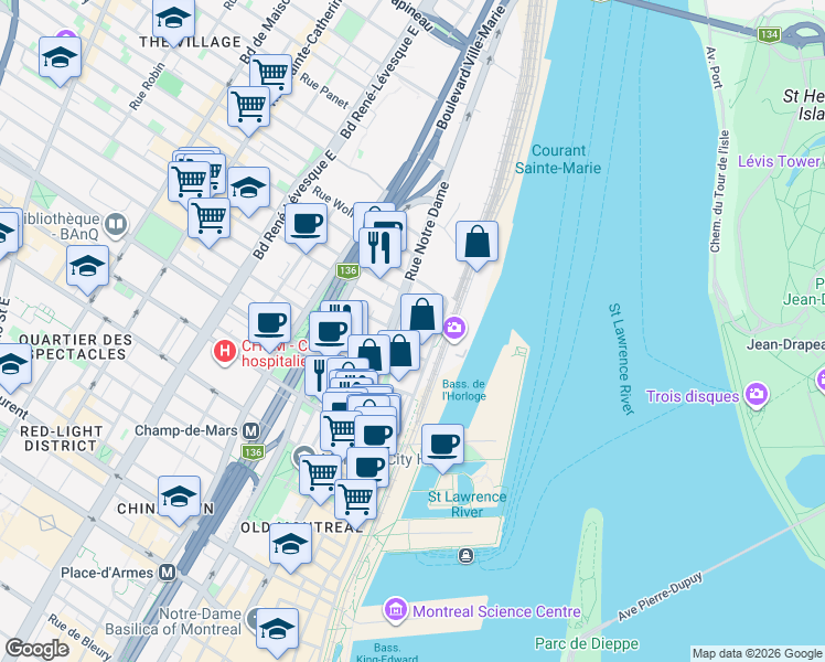 map of restaurants, bars, coffee shops, grocery stores, and more near 370 Rue Saint-André in Montréal