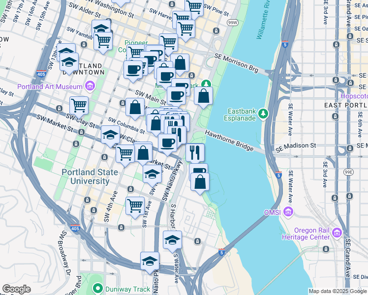 map of restaurants, bars, coffee shops, grocery stores, and more near 1300 Southwest Naito Parkway in Portland