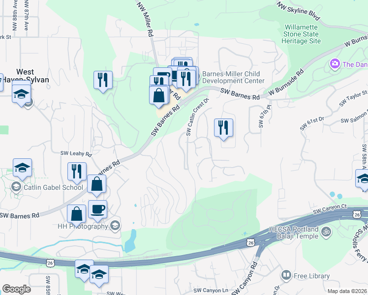 map of restaurants, bars, coffee shops, grocery stores, and more near 970 Southwest Summit View Court in Portland