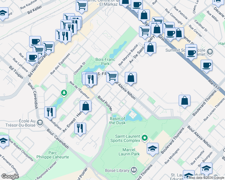 map of restaurants, bars, coffee shops, grocery stores, and more near 2404 Rue Harriet-Quimby in Montréal