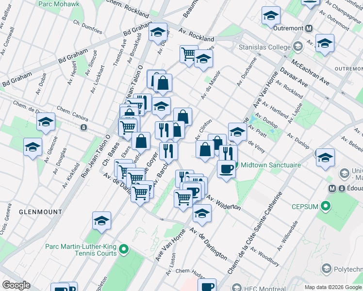 map of restaurants, bars, coffee shops, grocery stores, and more near 6410 Avenue Lennox in Montréal