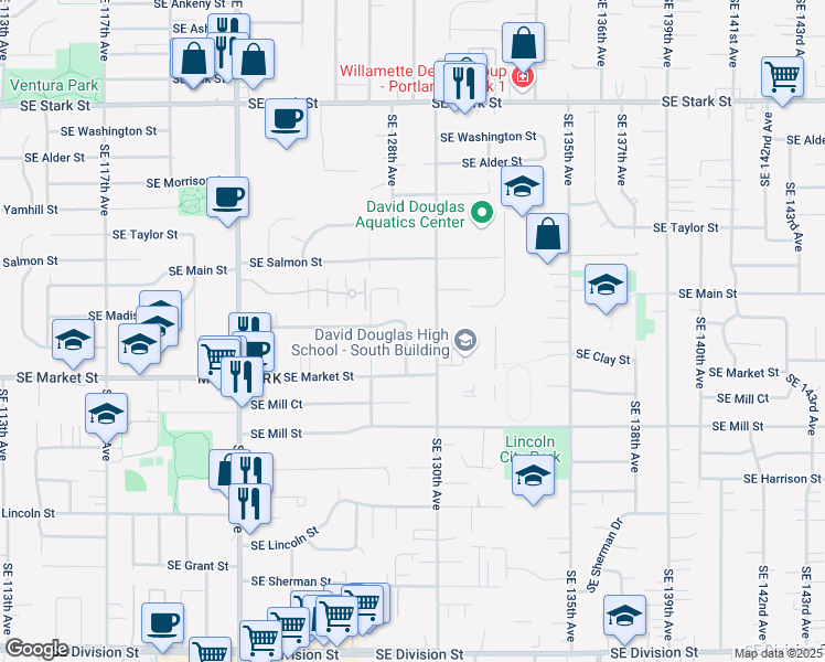 map of restaurants, bars, coffee shops, grocery stores, and more near 1409 Southeast 130th Avenue in Portland