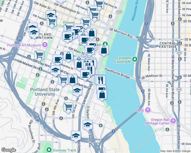 map of restaurants, bars, coffee shops, grocery stores, and more near 1398 Southwest Naito Parkway in Portland