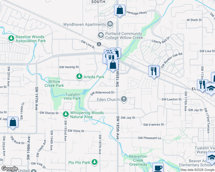 map of restaurants, bars, coffee shops, grocery stores, and more near 903 Southwest 185th Avenue in Hillsboro