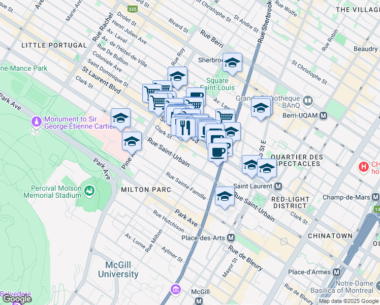 map of restaurants, bars, coffee shops, grocery stores, and more near 3566 Rue Clark in Montréal