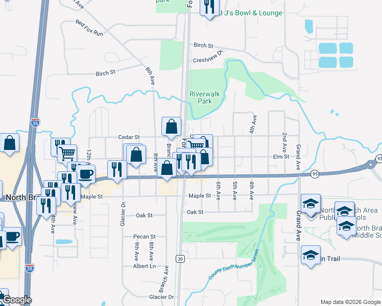 map of restaurants, bars, coffee shops, grocery stores, and more near in North Branch
