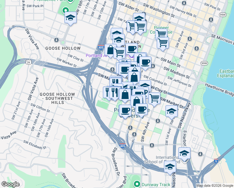 map of restaurants, bars, coffee shops, grocery stores, and more near 1717 Southwest Park Avenue in Portland