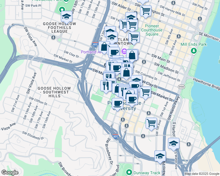 map of restaurants, bars, coffee shops, grocery stores, and more near in Portland
