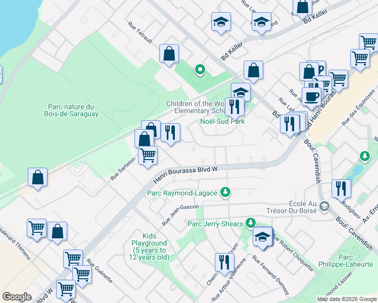 map of restaurants, bars, coffee shops, grocery stores, and more near 3437 Place Noorduyn in Montréal