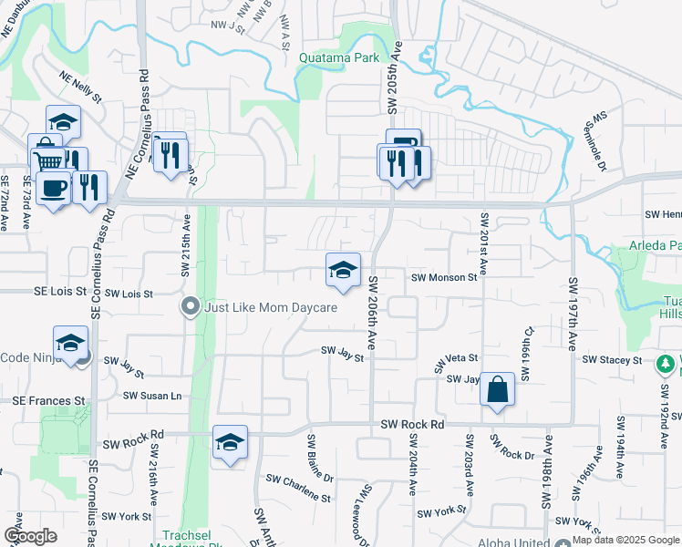 map of restaurants, bars, coffee shops, grocery stores, and more near 20742 Southwest Brackenwood Lane in Aloha