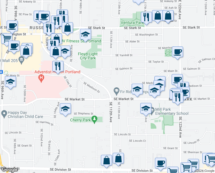 map of restaurants, bars, coffee shops, grocery stores, and more near 11125 Southeast Cherry Blossom Drive in Portland