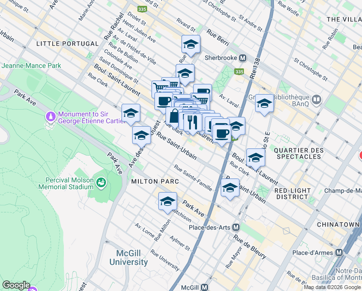 map of restaurants, bars, coffee shops, grocery stores, and more near 3605 Rue Saint-Urbain in Montréal