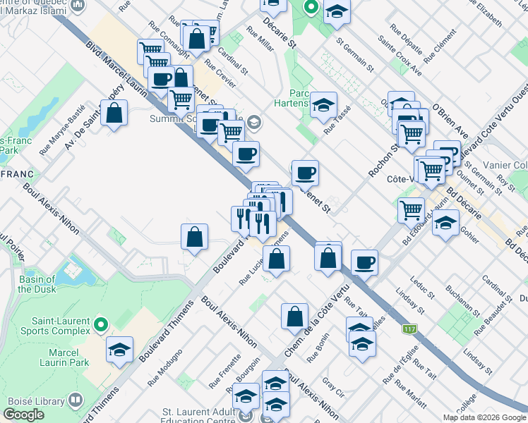 map of restaurants, bars, coffee shops, grocery stores, and more near 1987 Thimens Boulevard in Montreal