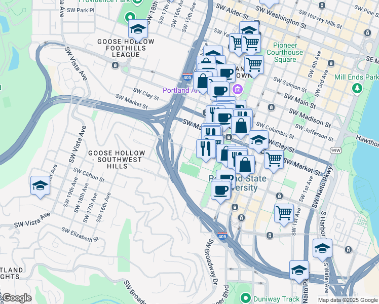 map of restaurants, bars, coffee shops, grocery stores, and more near 1809 Southwest 11th Avenue in Portland