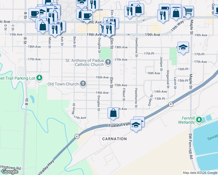 map of restaurants, bars, coffee shops, grocery stores, and more near 2434 15th Avenue in Forest Grove