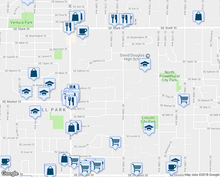 map of restaurants, bars, coffee shops, grocery stores, and more near 12730 Southeast Madison Street in Portland