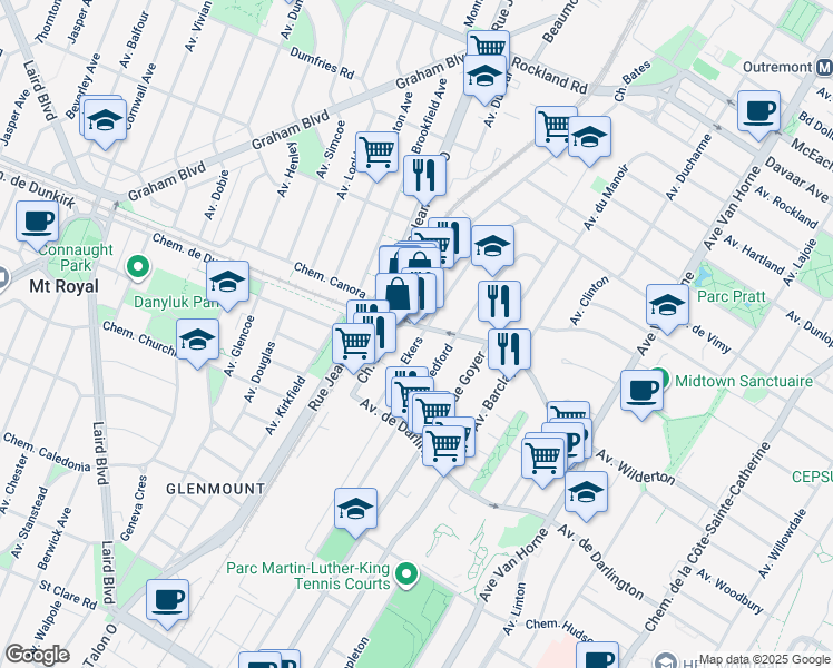 map of restaurants, bars, coffee shops, grocery stores, and more near 2605 Avenue Ekers in Montréal
