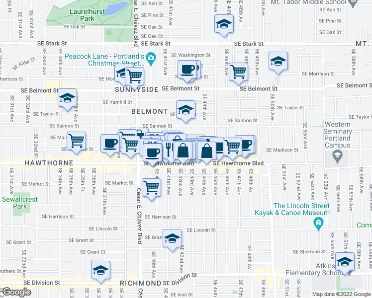 map of restaurants, bars, coffee shops, grocery stores, and more near 4223 Southeast Madison Street in Portland