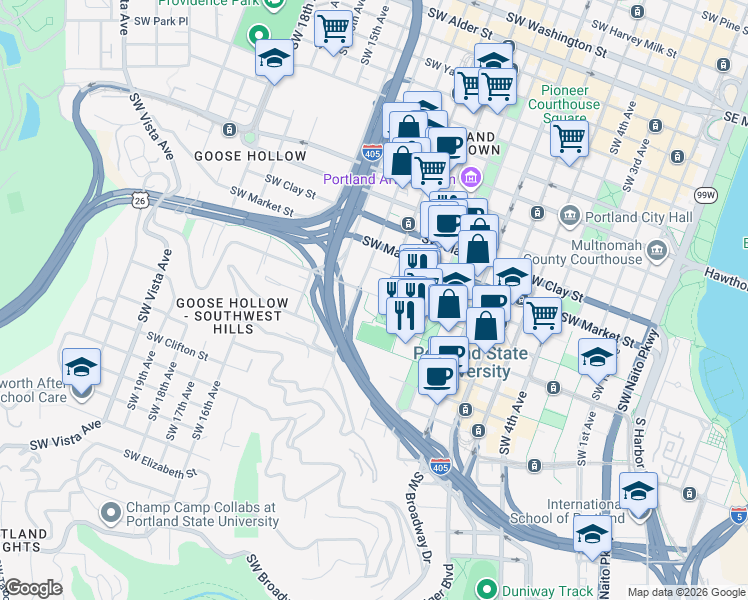 map of restaurants, bars, coffee shops, grocery stores, and more near 1136 Southwest 12th Avenue in Portland