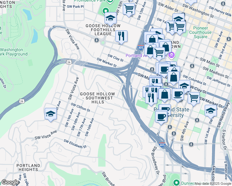 map of restaurants, bars, coffee shops, grocery stores, and more near 1410 Southwest Harrison Street in Portland