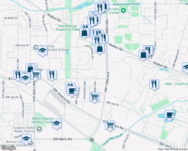 map of restaurants, bars, coffee shops, grocery stores, and more near 980 Southwest 163rd Avenue in Beaverton