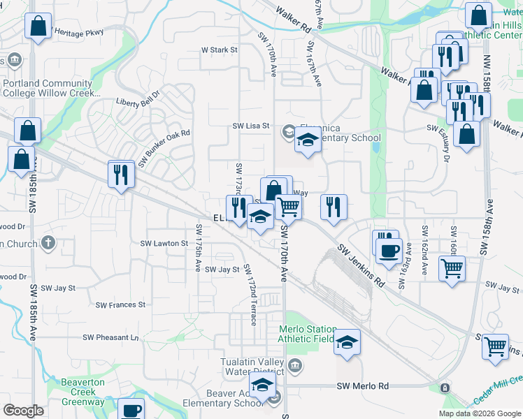 map of restaurants, bars, coffee shops, grocery stores, and more near 17112 Southwest Whitley Way in Beaverton