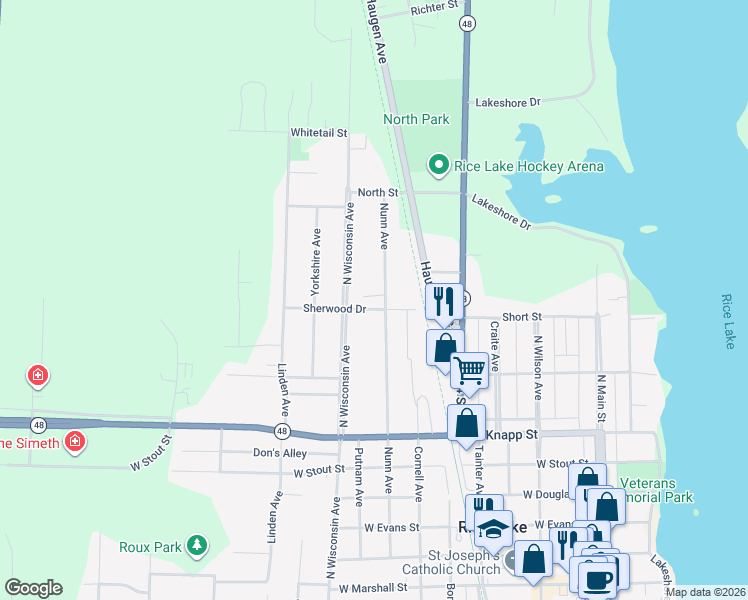 map of restaurants, bars, coffee shops, grocery stores, and more near 1010 Nunn Avenue in Rice Lake