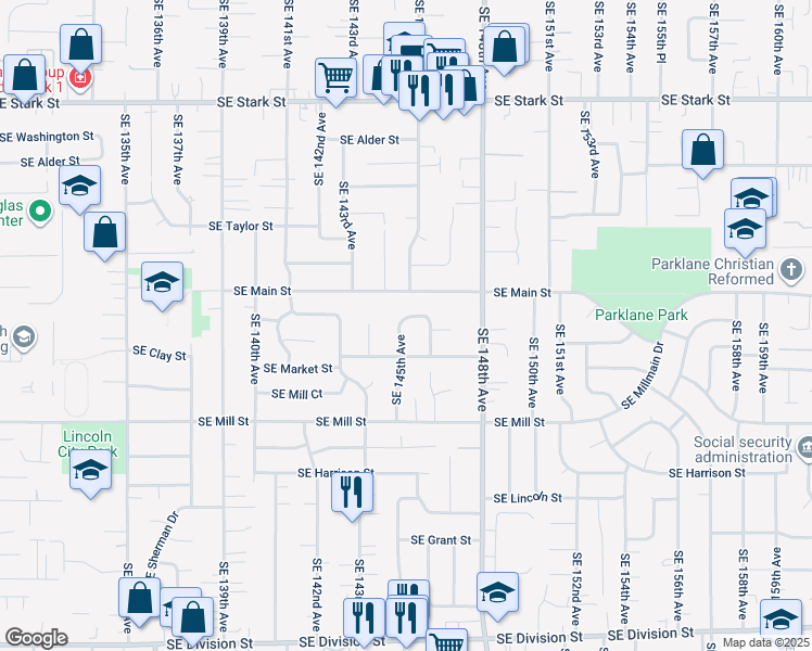 map of restaurants, bars, coffee shops, grocery stores, and more near 1414 Southeast 145th Avenue in Portland