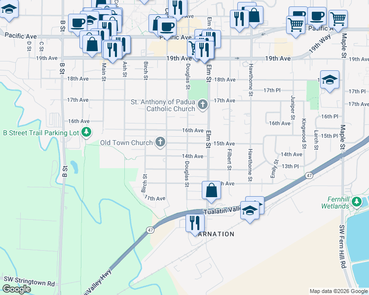 map of restaurants, bars, coffee shops, grocery stores, and more near 1420 Douglas Street in Forest Grove