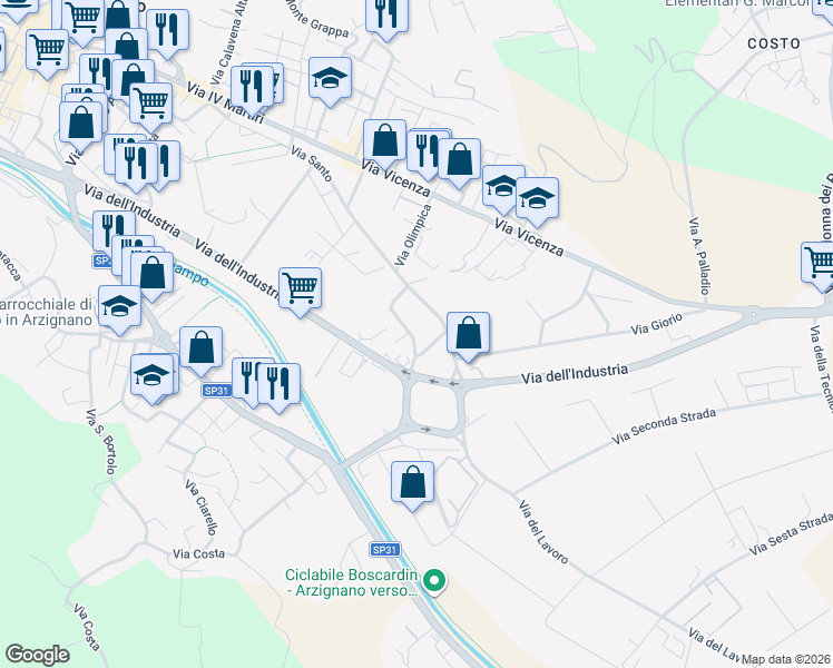 map of restaurants, bars, coffee shops, grocery stores, and more near 5 Via Umberto Nobile in Arzignano