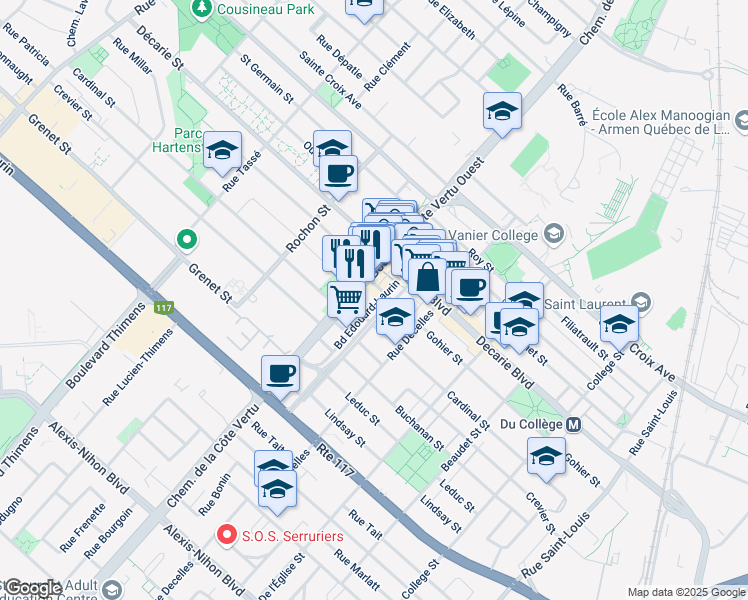 map of restaurants, bars, coffee shops, grocery stores, and more near 1565 Boulevard Edouard Laurin in Montréal