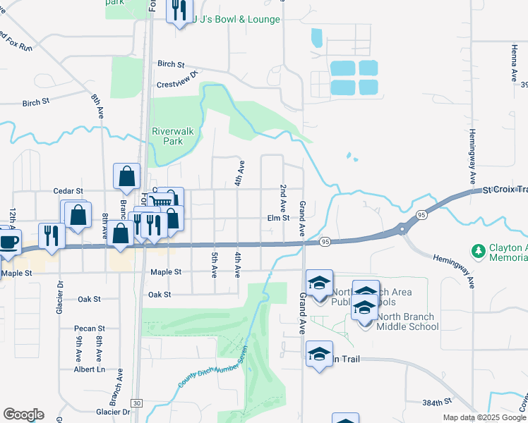 map of restaurants, bars, coffee shops, grocery stores, and more near 6686 Elm Street in North Branch