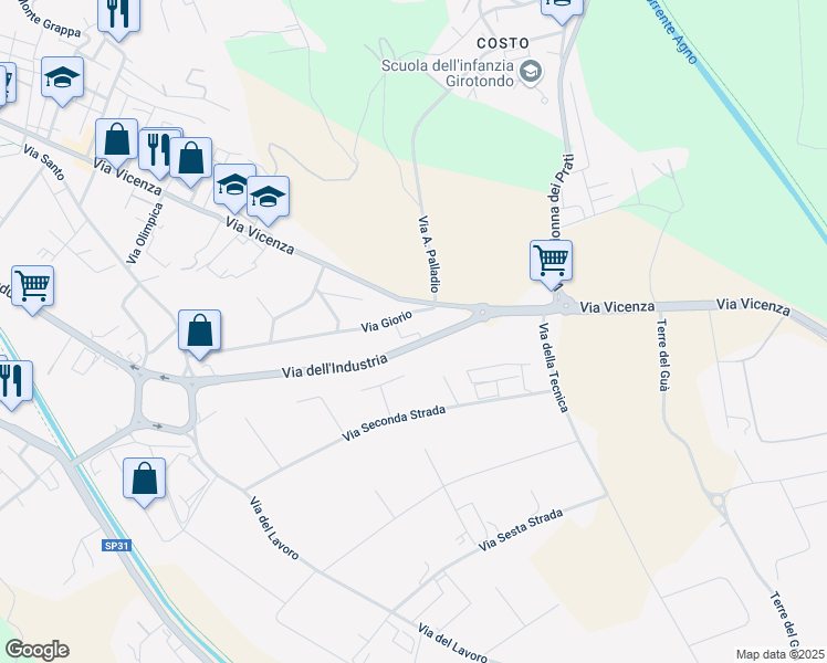 map of restaurants, bars, coffee shops, grocery stores, and more near 15 Via Giorio in Arzignano